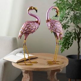 Deco 79 Metal Flamingo Decorative Garden Sculpture Garden Statues with Dimensional Feathers and Gold Accents, Set of 2 Outdoor Sculptures 6" W, 25" H, Pink