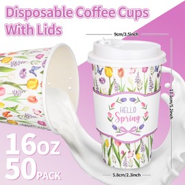 Whaline 50Pcs Tulip Floral Disposable Coffee Cups with Lids and Sleeves 16Oz Hello Spring Flower To Go Paper Cups Beverage Drinking Cups for Spring Birthday Wedding Baby Shower Table Decor Supplies