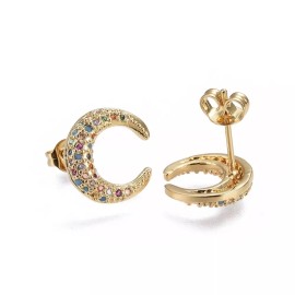 Unbranded Pave Cubic Zirconia Stud Earrings Moon Gold ful 12x11.5x2.3mm Pin 0.7mm P343