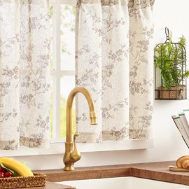 Jinchan - Cortinas florales de cocina de 30 pulgadas, cortinas de lino con nivel de granja, cafetería, cortinas de media ventana sobre el fregadero, filtrado de luz, color gris pardo en beige, para