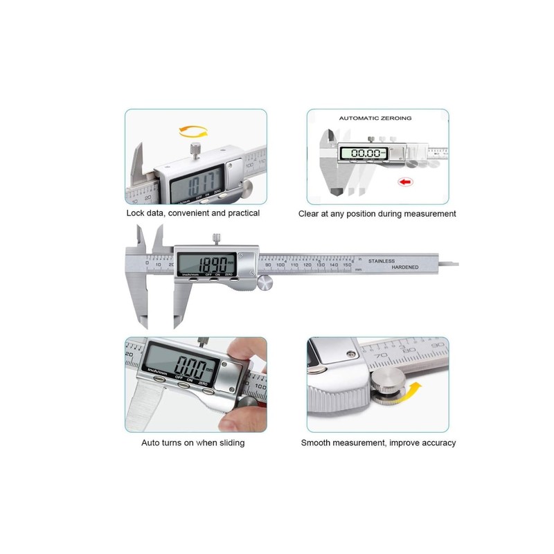 Digital Vernier Caliper, 150mm Caliper with Stainless Steel, Inch Millimeter