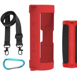 Geekria Silicone Speaker Case Cover, Compatible with JBL Charge 5 Case, Protective Waterproof Soft Skin, Replacement Bluetooth Speakers Travel Carrying Case with Keychain Hook (Red)