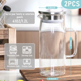 2 Pcs Glass Pitcher Water Pitcher with Lid Hot Cold Water Pitcher Bedside Water Carafe with Handle Heat Resistant Borosilicate Glass Jug for Fridge Beverage Carafe (41 oz,Stainless Steel)