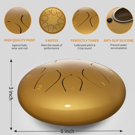 Rain Drum for Outside Garden, 6 Inches 8 Notes Steel Tongue Chakra Drum, Waterproof Rain Chime Meditation Drum, Musical Instruments for Adult Gift with Drum Bag, Music Book, Drum Mallets (Gold)