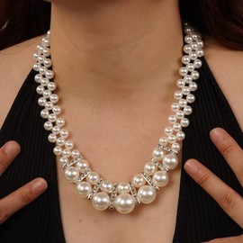 Aimimier 1920s Vintage Big Faux Pearl Choker Necklace and Earrings Set Crystal Pearl Statement Necklace Collar Bib Costume Jewelry for Women