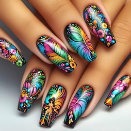 Color MIXFOSAHN Press on Nails Medium Coffin Fake Nails Black False Nails with Colorful Artistic Designs Glossy Stick on Nails Full Cover Glue on Nails Fake Nail Acrylic Nails for Women Girls 24 Pcs