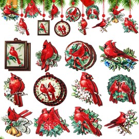 Soaoo 24 Pcs Christmas Cardinal Wooden Ornaments Christmas Wood Cardinal Decors Red Birds Hanging Sign Cardinal Ornaments Pendants with Ropes for Christmas Tree Home Decor