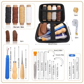 JUAYING Leather Sewing Kit, Upholstery Repair Kit Includes Wax Thread, Sewing Awl, Leather Sewing Needles of Various Sizes, and Seam Ripper, Leather Stitching Kit for Beginners or Leather Craft DIY