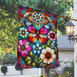 Stained Glass Floral Butterfly Garden and House Flag