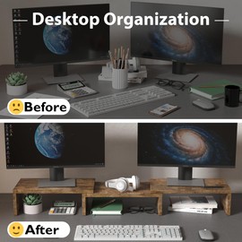BONTEC Dual Monitor Stand for Desk, Adjustable Length and Angle Monitor Stand Riser with Smartphone Holder, Desk Shelf for Top of Desk, Computer Monitor Stand with Storage, Office Desk Organizer, Rustic Brown