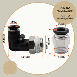 Bwintech 10 Pcs 6mm Tube to 1/4" Male BSP Thread Straight & 90 Degree Elbow Push in Connect Pneumatic Fitting,PL6-02/PC6-02 Quick Release Air Line Adapter