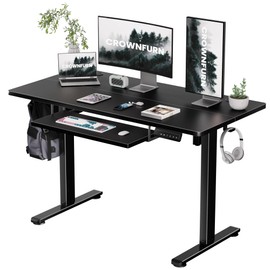 CROWNFURN Electric Standing Desk with Keyboard Tray, Adjustable Height Stand Up Desk for Home Office, 48x24 Inches Sit Stand Desk Computer Workstation, Black Frame & Desktop