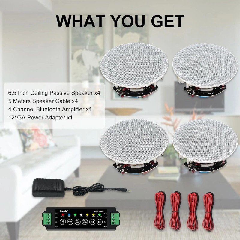 Herdio 4 Speakers 6.5" Bluetooth Ceiling / Wall Speaker Kit,