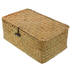 Ciieeo Wicker Shelf Baskets Bins with Lid Handwoven Storage Baskets Boxes Natural Seagrass Basket Box Household Organizer Bins Boxes for Shelf Cabinets Pantry Bathroom Size