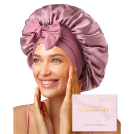 AWAYTR 100% Mulberry Silk Hair Bonnet for Women Sleeping with Tie Band 19 Momme Silk Sleep Cap Night (US, Alpha, One Size, Pale mauve)