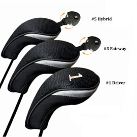 Golf Club Head Covers Woods Driver Fairway Hybrid 3 Pack Set, Headcovers Men 1 3 5 7 X Interchangeable Number Tag, Fit All Wood Clubs for Men Women (Black-1 Driver&1 Fairway&1 Hybrid)