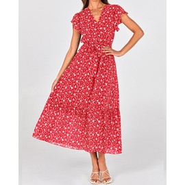 BTFBM Women Summer Bohemian Floral Casual Wrap V Neck Ruffle Cap Sleeveless Belt A-Line Pleated Hem Swing Midi Sun Dress (Floral White Red, Medium)