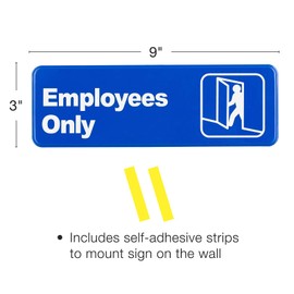 Excello Global Products Employees Only Sign: Easy to Mount Informative Plastic Sign with Symbols 9"x3", Pack of 3 (Blue)