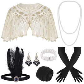 ELFIN 10-Piece 1920s Flapper Great Gatsby Accessories Set Fashion Roaring 20's Theme Set with Headband, Headwear, Long Black Gloves, Necklace Costume Vintage Accessories Ladies
