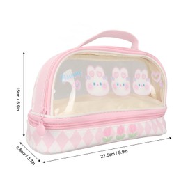 Bonito Estuche para Bolígrafos de Conejo Estuche de Lápices Kawaii de Doble Capa de PU Bolsa de Cosméticos Rosa Transparente PVE con Asa para Niñas