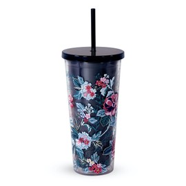 Vera Bradley Travel Tumbler with Lid and Straw, 24 Ounce Insulated Cup, Blue Floral Plastic Double Wall Tumbler, Rose Toile