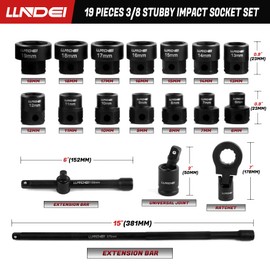 LLNDEI 3/8" Nano Sockets, Drive Stubby Impact Socket Set, 19-Piece Long Flex Head Ratcheting Wrench Set Extension Bar(6"-15"), 6-19mm Metric Stubby Socket Set, Cr-Mo material