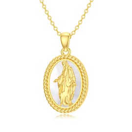 AHTAMOS 14K Gold Plated Mary Necklace for Women - Virgin Mary Pendant with Miraculous Medal Design - Sterling Silver Chain, 18+2 Inches