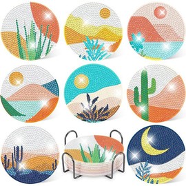 PERFECTSIGHT 8 Pcs DIY Diamond Art Painting Coasters with Holder, Cute Diamond Paint Coaster Kits for Adults, Kawaii Full Drill Diamond Art Craft Supplies, Paint by Number Non Slip Coaster, Desert
