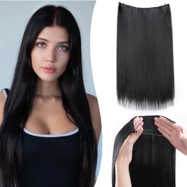Benehair 16 Inches Straight Hair Extensions Invisible Wire Hair Extensions Synthetic Secret Headband Hairpieces Black Hair Pieces for Women(Black, 90g)