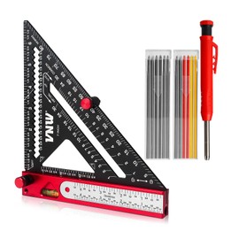 6 in 1 Rafter Square with Carpenter Pencil, 7in Rafter Square Multi-Purpose Carpenter Tools:Square,Protractor, 1/16" Precision Steel Ruler,Marking Gauge,T-Bevel Gauge,Bubble Level