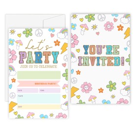 TIOFUNO Let's Party Birthday Party Invitations, 20 Birthday Party Invites Cards with Envelopes, Lovely Flowers Girls Birthday Fill-in Invites, 4" x 6" Double-sided Cards-D05