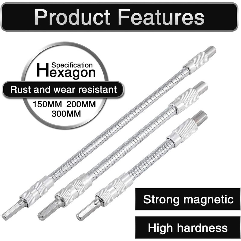 HOHXEN 3-Piece 30CM Flexible Socket Extension Bar Set, 1/4" Drive,