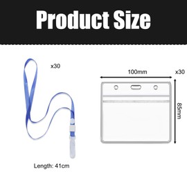 Blue 30PCS Lanyards and 30PCS Card Holder, Waterproof Double-Sided Horizontal Sealable Plastic Name Tag Badge, for ID Cards, Office, School, Bus Passes