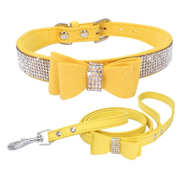 Small Dog Collar and Leash Set with Rhinestone Bow Knot
