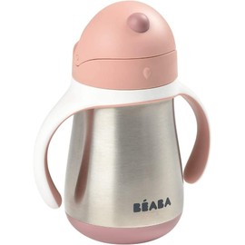 BÉABA - 2 in 1 Sippy Cup - Toddler cup - Children’s Beaker with straw - 100% Waterproof - Easy to Open - Removable Handles - Inox - 250 ml - Pink