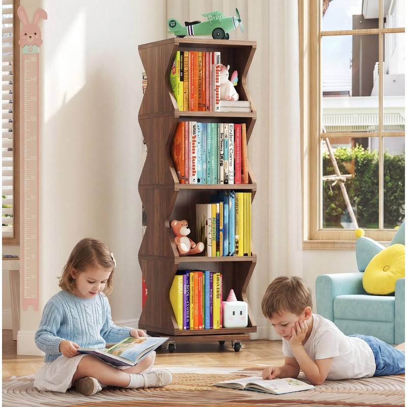 HSH Rotating Bookshelf Tower, 360°Revolving Bookcase with Wheels, Walnut