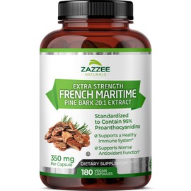 Zazzee Extra Strength French Maritime Pine Bark 20:1 Extract, 350 mg Per Capsule, 180 Vegan Capsules, 95% Proanthocyanidins, Kosher, 6 Month Supply, Standardized 20X Extract, Non-GMO, Made in The USA