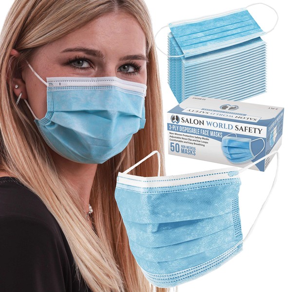 TCP Global Salon World Safety - Sealed Dispenser Box of 50 Face Masks Breathable Disposable 3-Ply Protective PPE with Nose Clip and Ear Loops