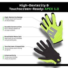 APEX 1.0 High Dexterity Gloves for Work, Tactical, Shooting, Hunting, Multi Sport, Outdoor Protection, Full Finger, Snug Secure Fit, Breathable Design, Large, HiViz Yellow