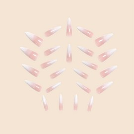 MERVF Long Stiletto Press on Nails White French Tip Fake Nails Press ons with Ombre Design Almond Glue on Nails Solid Color Acrylic False Nails Glossy 24pcs