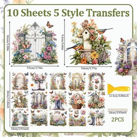 WANDIC 10 Sheets Rub On Transfer Sticker, Vintage Flower Decals Bird Butterfly Waterproof Stickers for Furniture Table Water Bottle DIY Craft, 11.8 * 3.9in