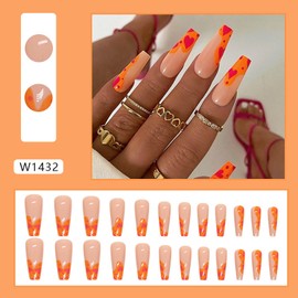 Long Square Press on Nails Ballerina False Nails Glossy Full Cover Acrylic Nails with Exquisite Designs Fake Nails Orange French Tip Glue on Nails Cute Nails Reusable Stick on Nails for Women