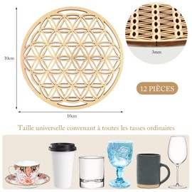 VEGCOO 12 Untersetzer, Untersetzer aus Kork, Blume des Lebens, Untersetzer aus Birke, 10 x 10 cm, geeignet für Teetassen, Kaffee, Gläser und Dekoration