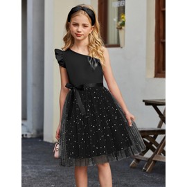 Arshiner Black Dress for Girls Summer Tulle Formal Party Fancy Special Occasion Pageant Ball Gown One Shoulder Sparkly Midi Sundress Outfit