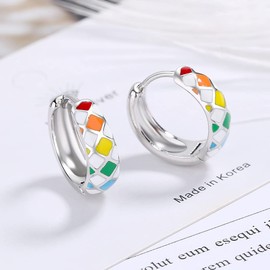 Rainbow Hoop Earrings for Women Girls 925 Sterling Silver Checkerboard Huggie Earring Best Friends Jewelry Gift (Silver)