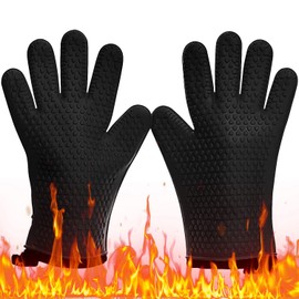Bonbell Guantes de Horno para Cocina, Guante de Silicona Antideslizantes, Guantes Resistentes al Calor, Guante para Parrilla de Barbacoa, Guantes Impermeables con Forro Suave (Negro)
