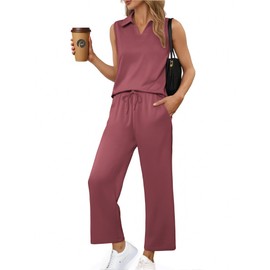 PINSPARK Womens Sweatsuits 2 Piece Set V Neck Sleeveless Lounge Sets Side Slits Outfit Wide Leg Pants Tracksuit 2025 Summer,Fuchsia Small