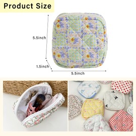 Lyssiatina Floral Mini Quilted Floral Makeup Bag for Purse，Small Quilted Cosmetic Pouch with Compartments，Cute Travel Toiletry Essentials for Women （Green Check Floral）