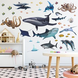 Condessacity Wall Stickers Sea Fish In Sea Creatures Sea Adventure Wall Stickers Shark Whale Dolphin Octopus Wall Stickers Cute Animal Wallpaper Kids Room DIY Stickers Kindergarten Nursery Boys Girls