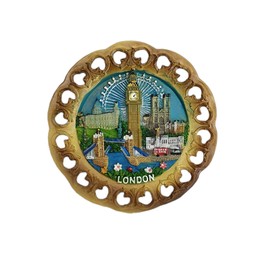 Wood Style Decorative Plate Detailing London Skyline: Big Ben, Tower Bridge and London Eye etc ( Small Cutout)